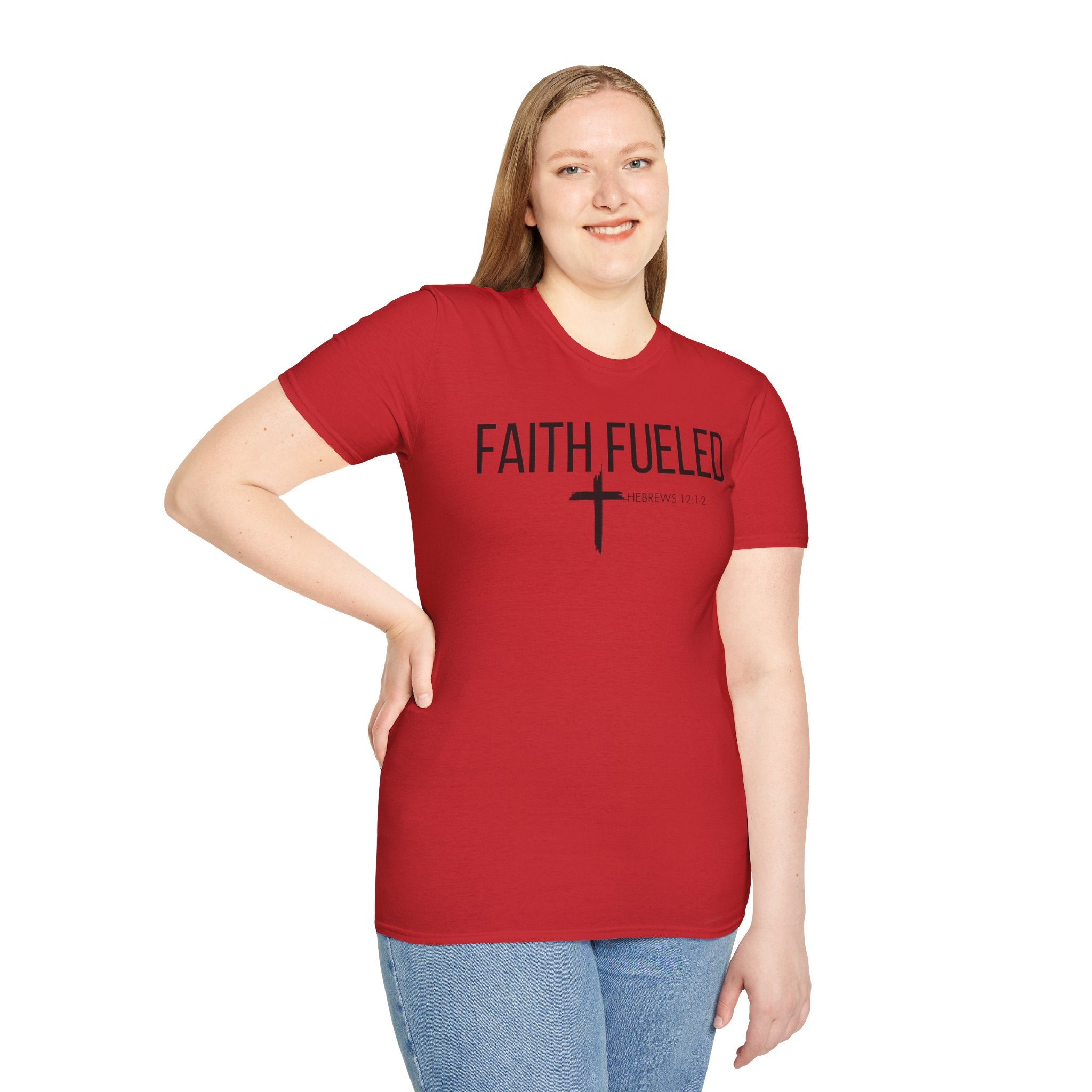 Faith Fueled T-Shirt — Christian Cross Tee with Scripture (Hebrews 12:2)