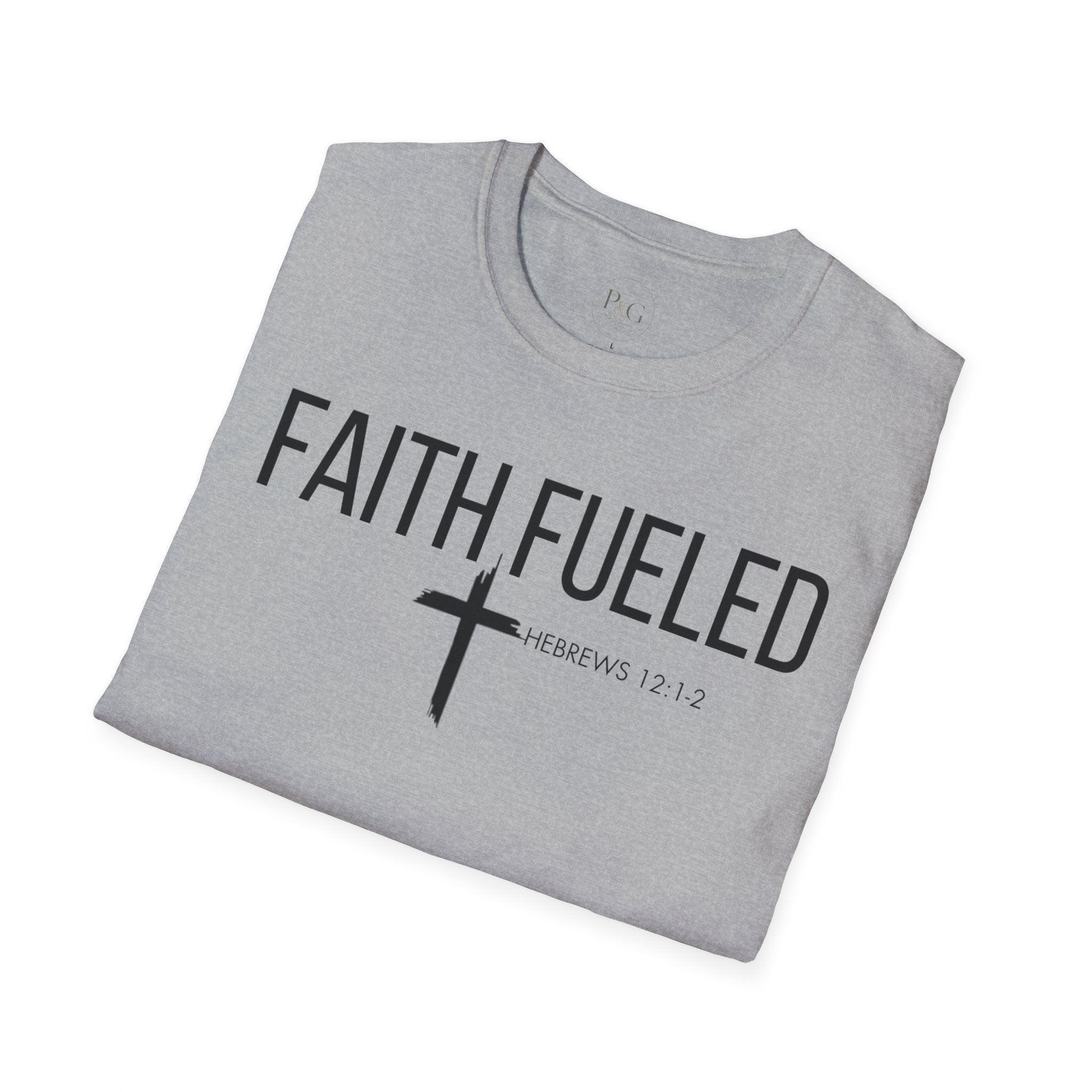 Faith Fueled T-Shirt — Christian Cross Tee with Scripture (Hebrews 12:2)