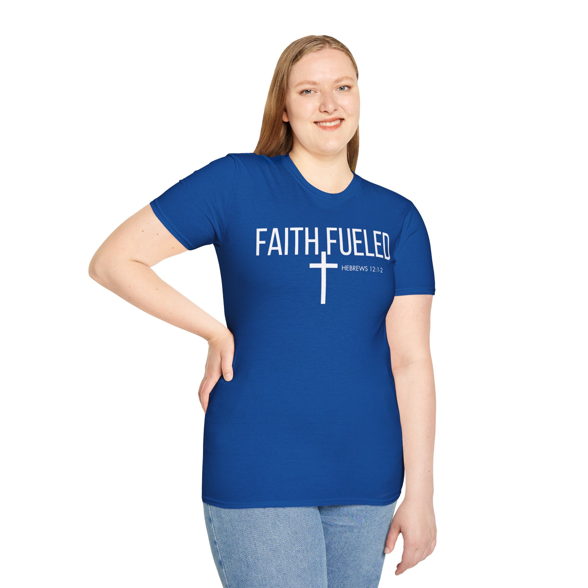 Faith Fueled T-Shirt — Christian Cross Tee with Scripture (Hebrews 12:2)