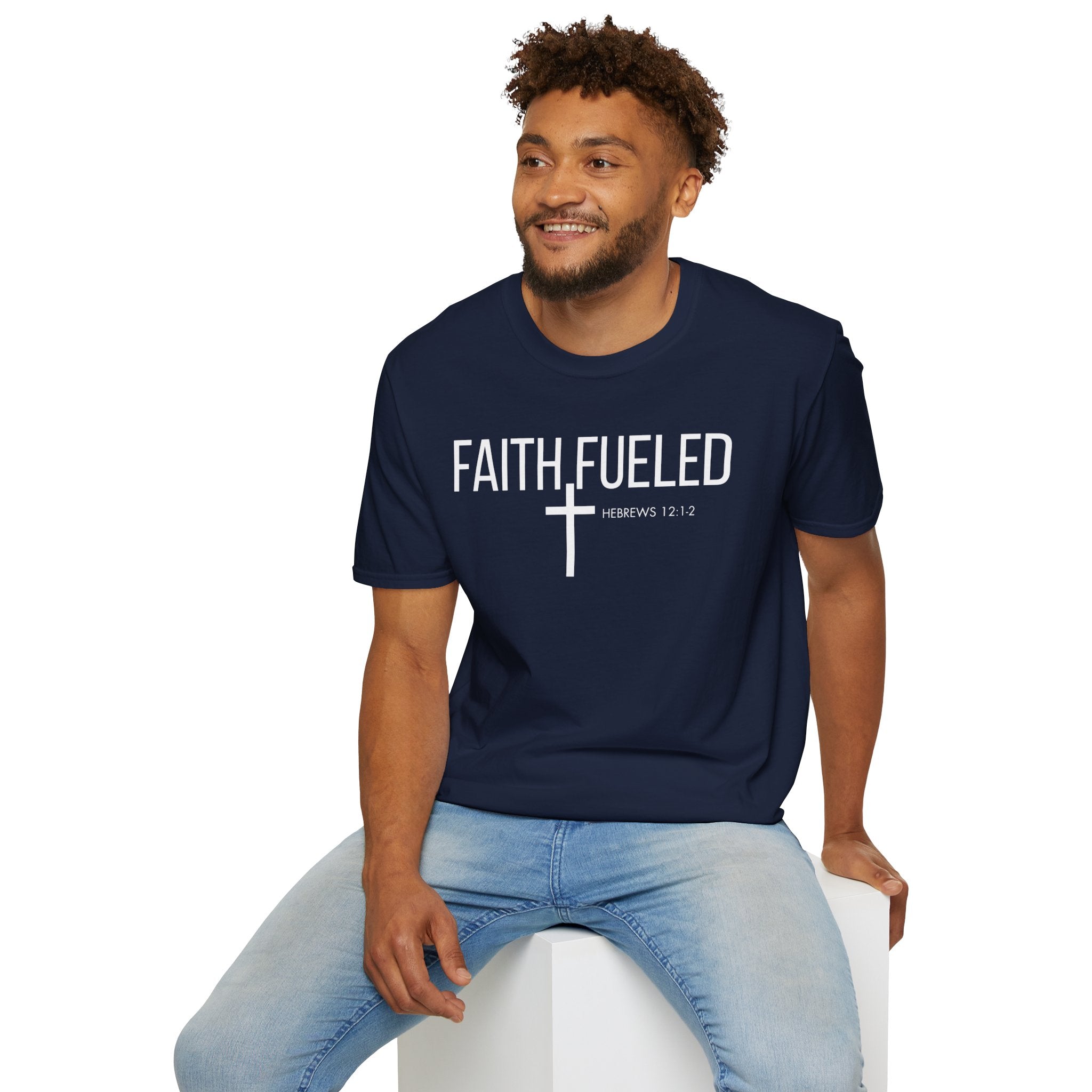 Faith Fueled T-Shirt — Christian Cross Tee with Scripture (Hebrews 12:2)