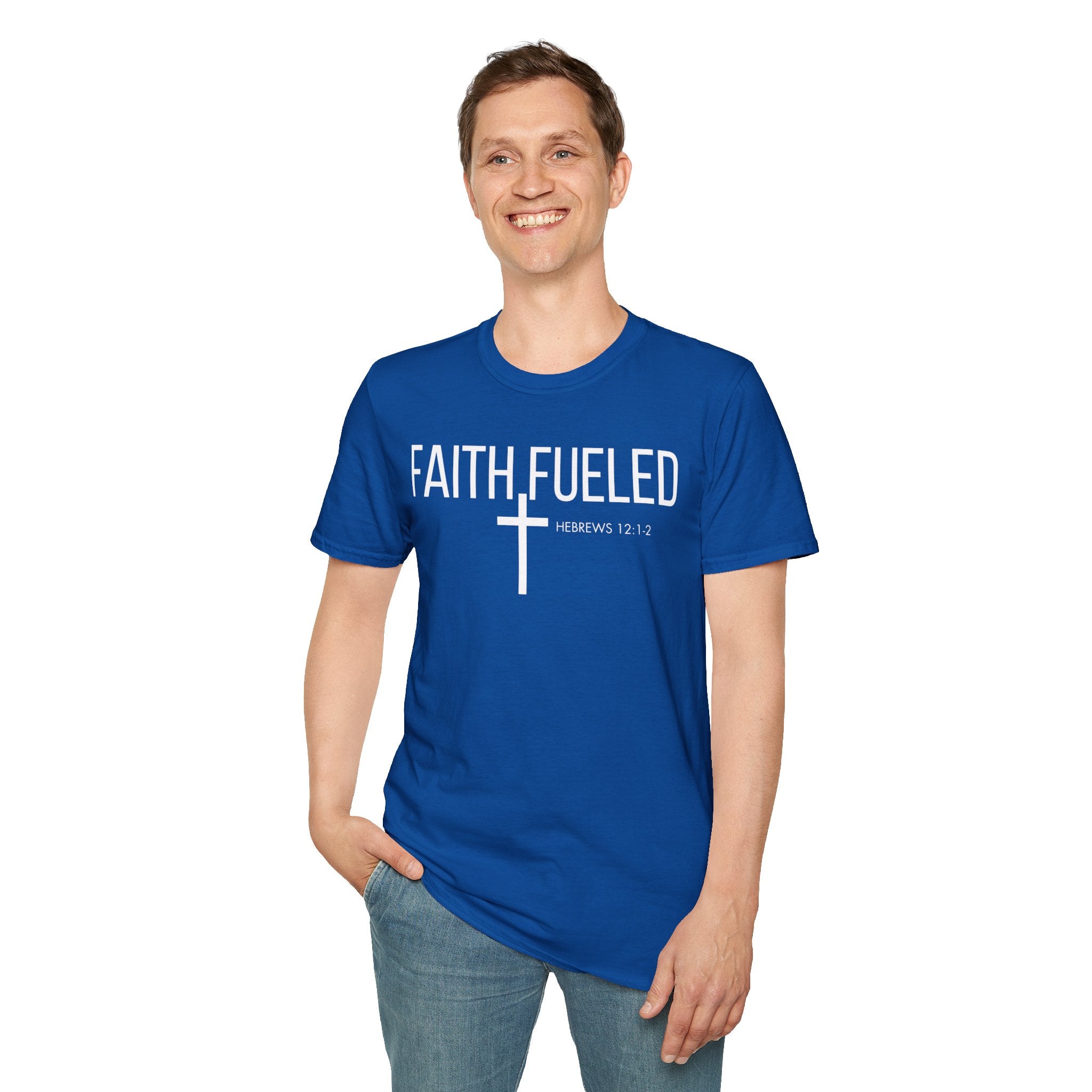 Faith Fueled T-Shirt — Christian Cross Tee with Scripture (Hebrews 12:2)