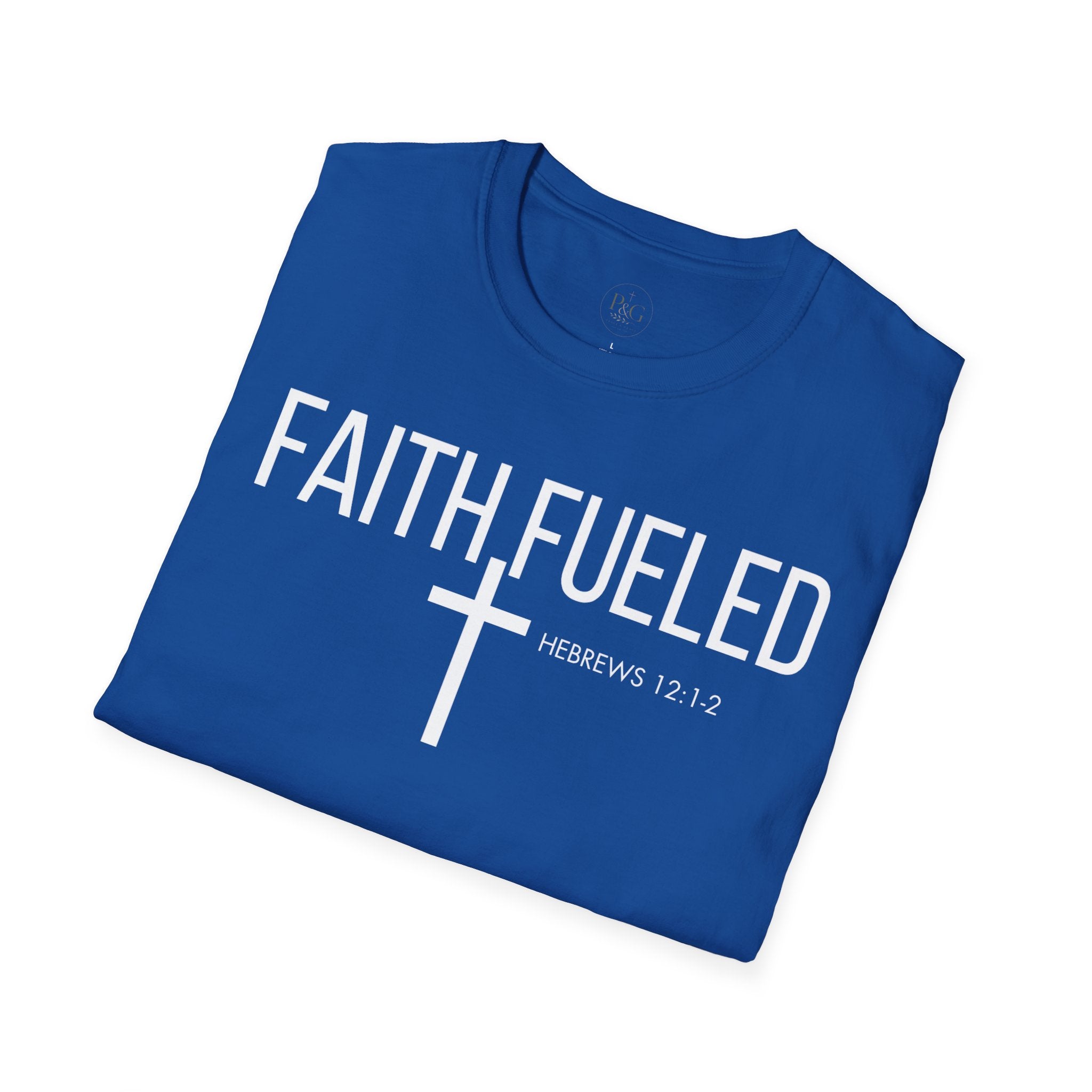 Faith Fueled T-Shirt — Christian Cross Tee with Scripture (Hebrews 12:2)