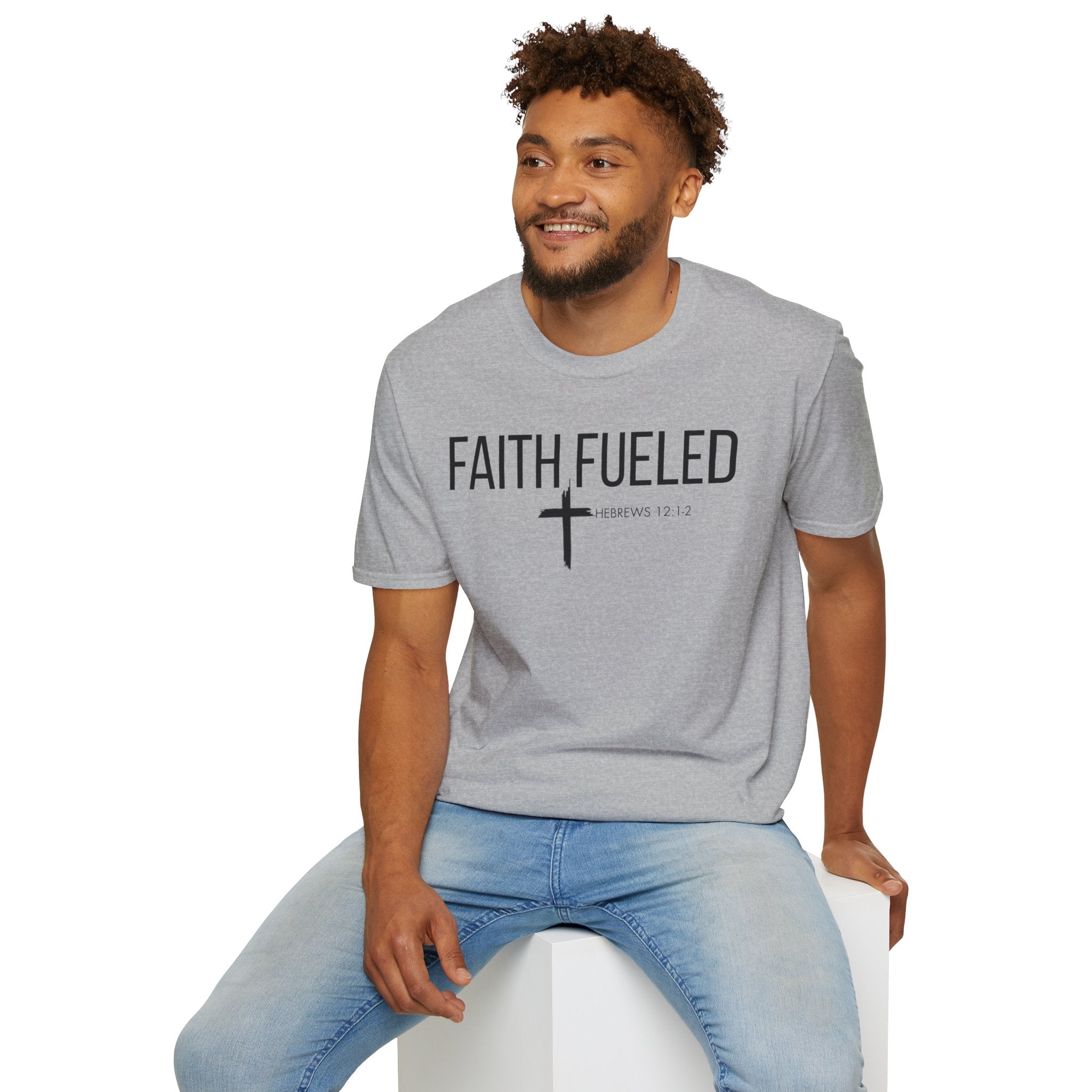 Faith Fueled T-Shirt — Christian Cross Tee with Scripture (Hebrews 12:2)